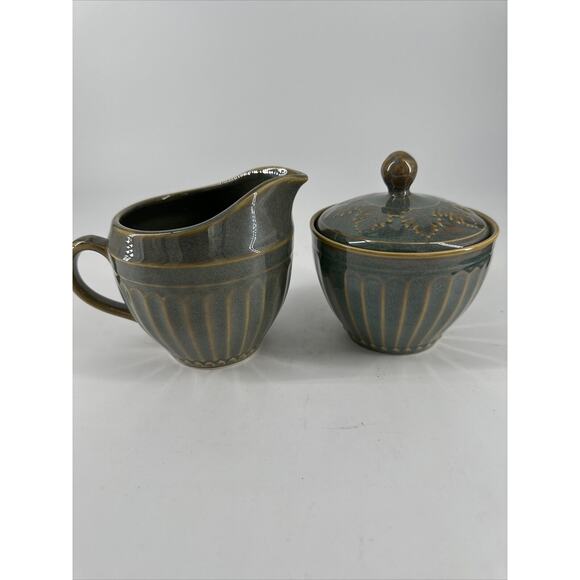 Sugar Bowl With Lid & Creamer Coventry Stoneware Parthenon Green 3 Pieces - Picture 1 of 14